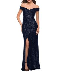La Femme - Off The Shoulder Ruched Sequin Dress With Slit - Lyst