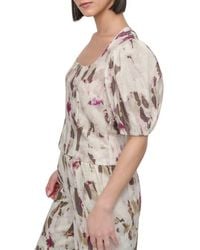DKNY - Print Zip Front Puff Sleeve Linen Blend Top - Lyst