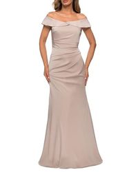 La Femme - Off The Shoulder Satin Evening Gown With Ruching - Lyst