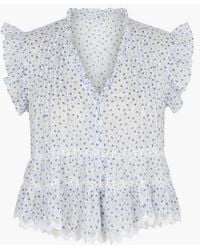 Modenaire - Ruffled V-Neck Button-Front Tiered Lace Hem Blouse - Lyst