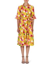 Carolina Herrera - Floral Print Ruffle Cuff Cotton Shirtdress - Lyst