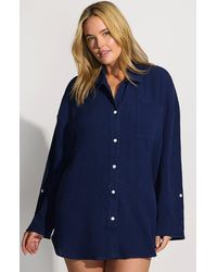 Lands' End - Oversized Gauze Button Front Cover-Up Shirt - Lyst