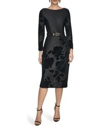Donna Karan - Velvet Floral Belted Long Sleeve Sheath Dress - Lyst