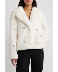 Cece - Rhinestone Button Faux Fur Jacket - Lyst