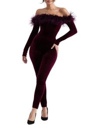 House Of Cb - Salima Feather Trim Off The Shoulder Long Sleeve Velvet Jumpsuit - Lyst