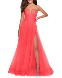 La Femme - Long Tulle A-Line Gown With Side Slit And Pockets - Lyst