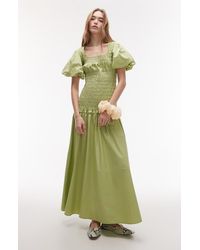 TOPSHOP - Puff Sleeve Smocked Drop-Waist Cotton Maxi Dress - Lyst