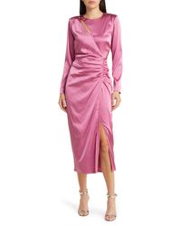 FLORET STUDIOS - Side Ruched Long Sleeve Satin Midi Dress - Lyst