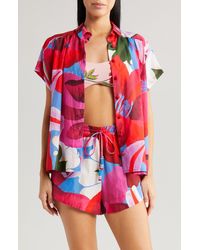 FARM Rio - Watercolor Floral Cotton Cover-up Button-up Shirt - Lyst