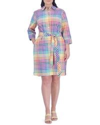 Foxcroft - Rocca Rainbow Gingham Belted Three-quarter Sleeve Cotton Shirtdress - Lyst