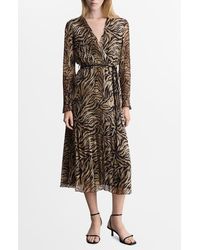 Mango - Leopard Print Pleated Long Sleeve Midi Dress - Lyst