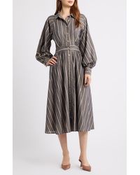 FREEMARKET - Stripe Pleated Long Sleeve Midi Shirtdress - Lyst