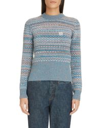 Loewe Cropped Wool Jacquard Sweater - Blue