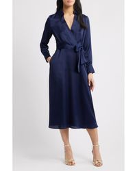 Tahari - Long Sleeve Hammered Satin Wrap Front Shirtdress - Lyst