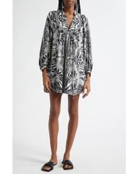 FARM Rio - Monochrome Elegance Scarf Print Long Sleeve Linen Blend Minidress - Lyst