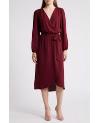 Connected Apparel - Long Sleeve Faux Wrap Midi Dress - Lyst