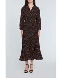 Tahari - The Mila Chain Print Pleated Long Sleeve Stretch Silk Midi Dress - Lyst
