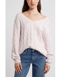 BP. - Cable Knit V-Neck Cotton Blend Sweater - Lyst