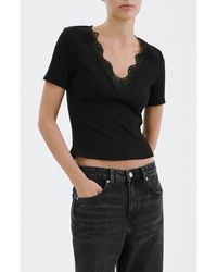 Mango - Lace Trim Rib Knit Crop Top - Lyst