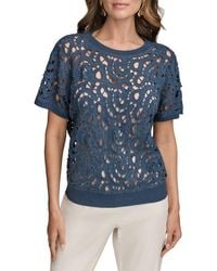 Donna Karan - Drop Shoulder Crochet Short Sleeve Sweater - Lyst
