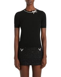 Valentino Garavani - Crystal Bow Short Sleeve Virgin Wool Crewneck Sweater - Lyst