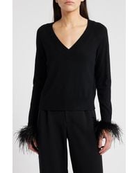 MILLY - Feather Cuff V-Neck Sweater - Lyst