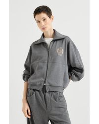 Brunello Cucinelli - Cotton Smooth French Terry Sweatshirt With Zip And Embroidered Logo - Lyst