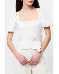 French Connection - Belted Puff Sleeve Sateen Top - Lyst