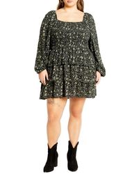 City Chic - Floral Print Long Sleeve Tiered Minidress - Lyst