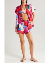 FARM Rio - Watercolor Floral Cotton Cover-up Shorts - Lyst