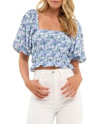 English Factory - Floral Shirred Puff Sleeve Crop Top - Lyst