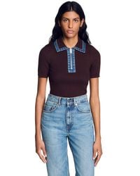 Sandro - Knit Polo Sweater With Denim Collar - Lyst