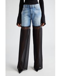 Nensi Dojaka - Sheer Tulle Inset High Waist Nonstretch Wide Leg Jeans - Lyst