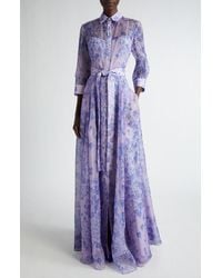 Carolina Herrera - Floral Print Button Front Belted Silk Gown - Lyst