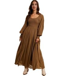 Knit & Lounge - Long Sleeve Maxi Dress With Smocked Bodice And Lace Insets - Lyst