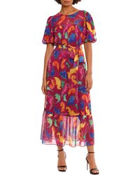 DONNA MORGAN FOR MAGGY - Floral Tiered Puff Sleeve Tie Waist Dress - Lyst