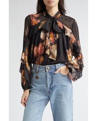 Zimmermann - Hypnotic Floral Print Ruffle Georgette Top - Lyst