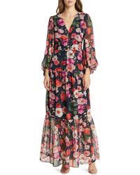 Eliza J - Floral Long Sleeve Chiffon Maxi Dress - Lyst