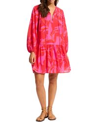 Seafolly - Birds Of Paradise Tiered Long Sleeve Cotton Cover-up Dress - Lyst