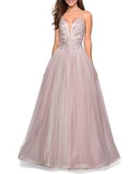 La Femme Tulle & Lace Evening Dress - Pink