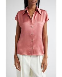 Vince - Cap Sleeve Gathered Back Short Sleeve Silk Button-Up Shirt - Lyst