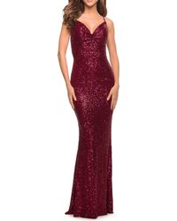 La Femme - Soft Sequin Long Gown With Lace Up Back - Lyst