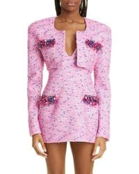 Area - Grape Embellished Crop Bouclé Tweed Jacket - Lyst