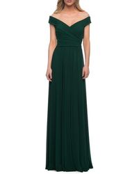La Femme - Off The Shoulder Net Jersey Long Dress With Ruching - Lyst