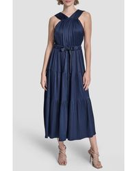 DKNY - Pleated Tie Waist Satin Midi Dress - Lyst