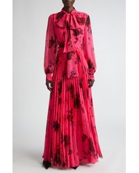 Erdem - Floral Print Pleated Long Sleeve Voile Gown - Lyst