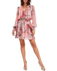 Socialite - Print Metallic Tiered Long Sleeve Minidress - Lyst