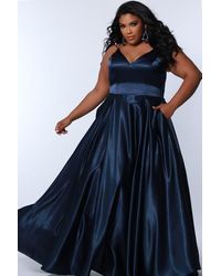 Sydney's Closet - Satin A-Line V-Neck Plus Size Evening Gown - Lyst