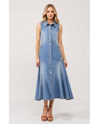 Modenaire - Sleeveless Denim Midi Dress With Frayed Seams And Button Front - Lyst