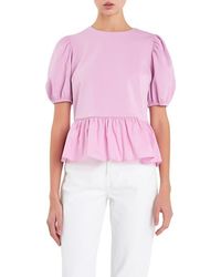 English Factory - Mixed Media Puff Sleeve Peplum Top - Lyst